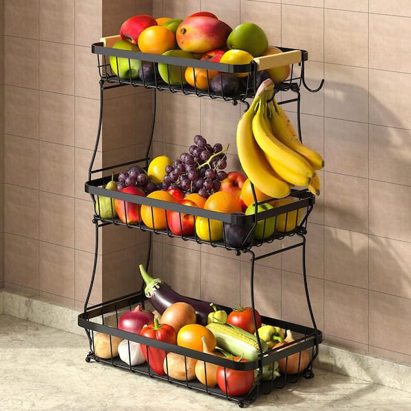 3 Tier Fruit Basket for Kitchen Counter with 2 Mobile Banana Hangers, Fruit Holder for Bread Snack Veggies