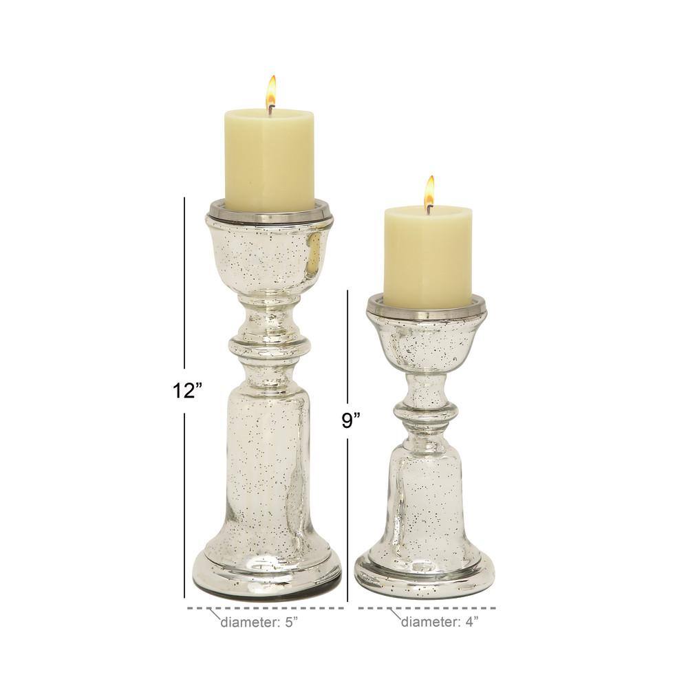 Silver Glass Pedestal Pillar Candle Holders, Set of 2