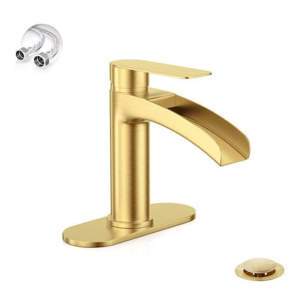 Single Handle Waterfall Faucet for Bathroom Sink in Brushed Gold Finish, with 6-Inch Deck Plate, Metal Pop Up Drain