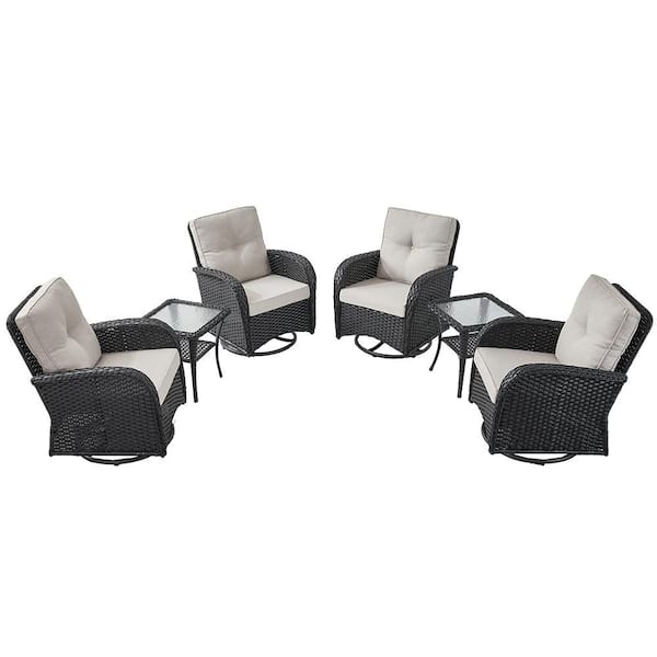 Black 6-Piece Wicker Outdoor Glider Chair Patio Deep Seating with Beige Cushions