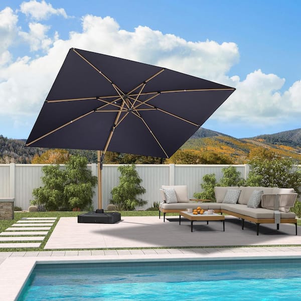 PURPLE LEAF 9 ft. x 12 ft. Outdoor Cantilever Patio Umbrella Teak Finished Offset 360° Rotation Umbrella with Base, Navy Blue