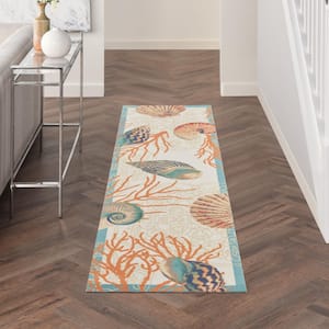 Sun N' Shade Ivory/Multi 2 ft. x 8 ft. Floral Geometric Contemporary Indoor/Outdoor Kitchen Runner Area Rug