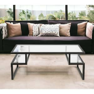 45 in. Black Rectangle Glass Coffee Table with Shelves Storage