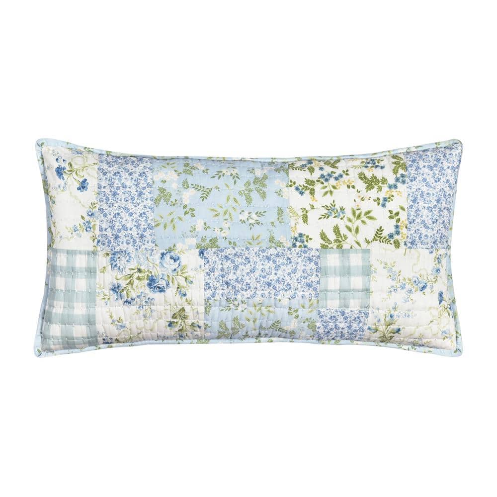 Kara Blue Cotton Floral Quilted Boudoir Decorative Throw Pillow 12 in. L x 