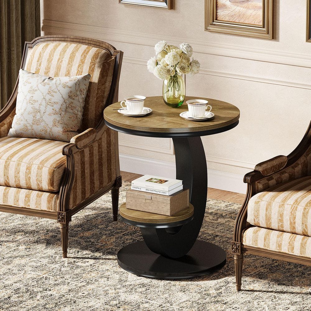 Kerlin 19.7 in. Oak Brown and Black 2-Tier Round MDF Side Table, C Table for Living Room, Bedroom and More