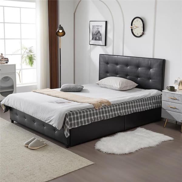 Karl home Black Upholstered Metal Frame Queen Size Platform Bed with 4 Drawers, Adjustable Headboard with Button Tufted Design