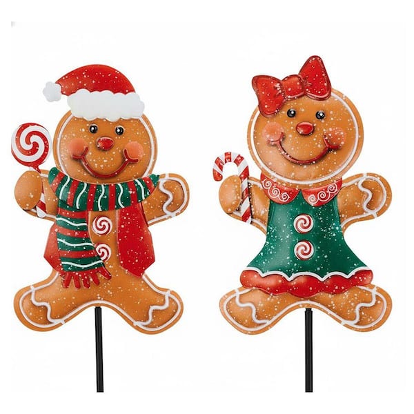 30 in. 2-Pack Metal Gingerbread Boy and Girl Christmas Yard Stakes - Waterproof Outdoor Decor
