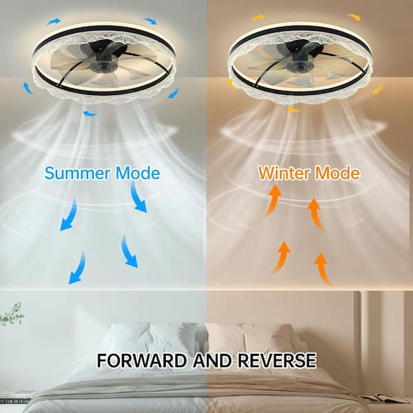 24 in. LED Flush Mount Ceiling Fan with Light in Crystal Design and Hidden Blades for Bedrooms in Black