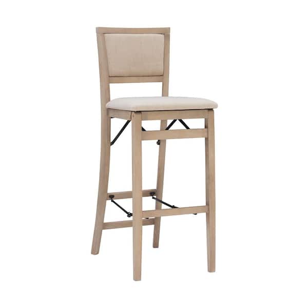 Linon Home Decor Keira 30.75 in. Seat height Gray-wash High back Wood frame Folding Barstool with Beige Polyester seat 1 stool