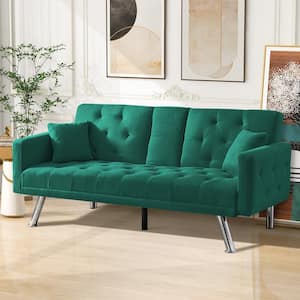 75.59 in. Dark Green Linen Twin Size Sofa Bed Convertible Futon Couch Loveseat with Cup Holders, Pillow for Apartment