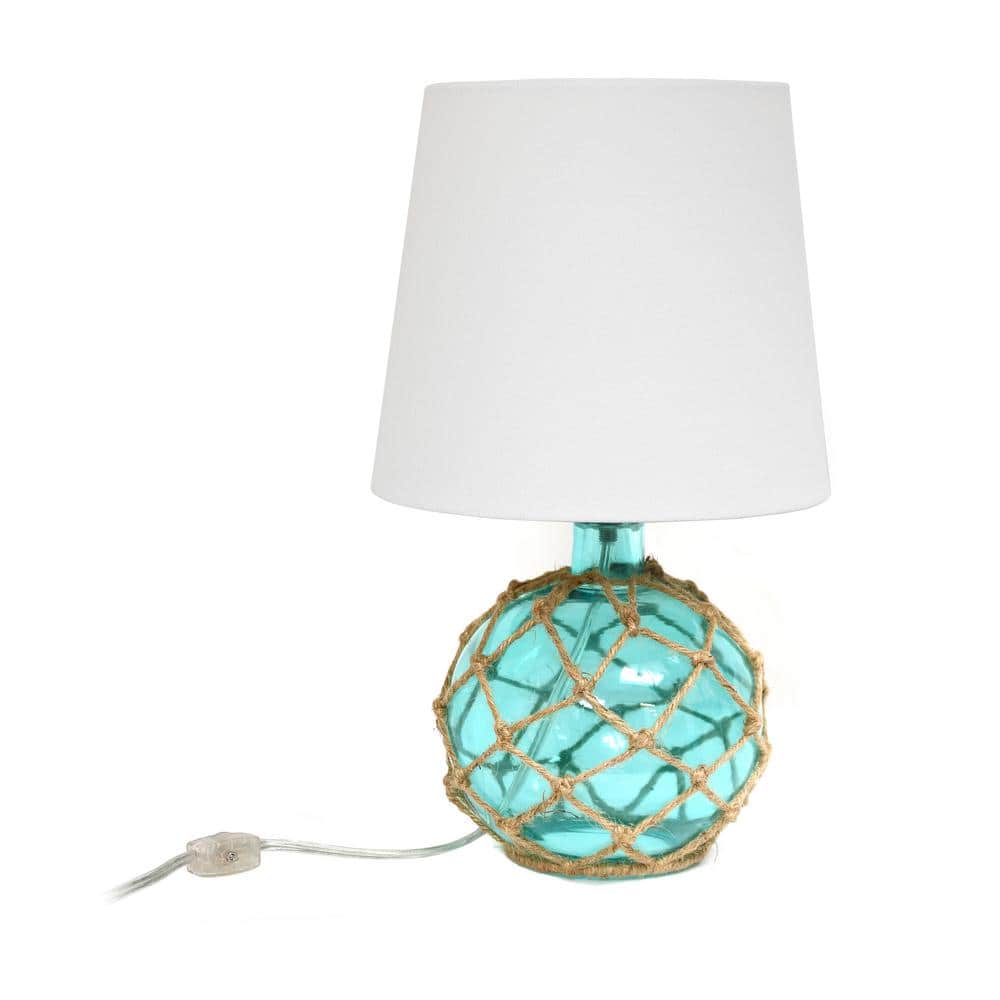 Aqua Glass Table Lamp with White Fabric Shade and Rope Netting