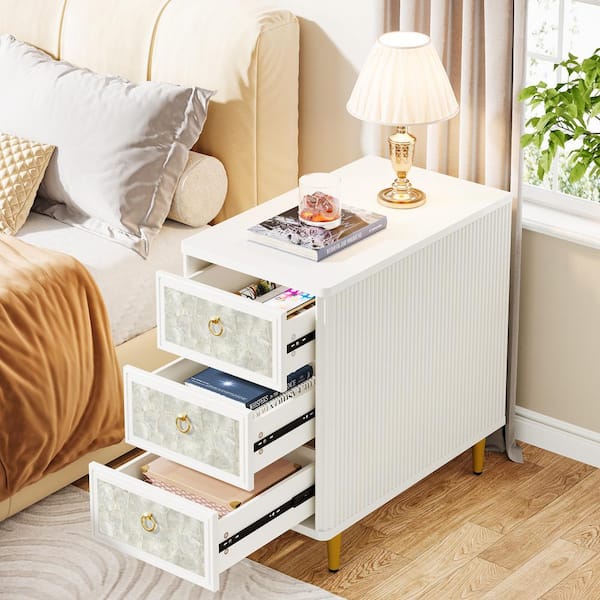 BYBLIGHT Fenley 13.78 in. White 3-Drawer Wood Nightstand, Narrow Bedside Table with 3D Printed Shell Finish for Bedroom, 2 Pack BB-F2071QPNSx2 BYBLIGHT Fenley 13.78 in. White 3-Drawer Wood Nightstand, Narrow Bedside Table with 3D Printed Shell Finish for Bedroom, 2 Pack BB-F2071QPNSx2