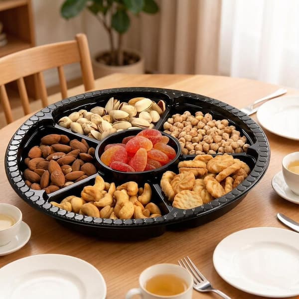 30 Pack Plastic Appetizer Tray with Lid, Disposable Fruit Veggie Tray with 6 Compartment for Salad, Nut, Olive, Party