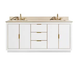 Austen 73 in. W x 22 in. D Bath Vanity in White with Gold Trim with Marble Vanity Top in Crema Marfil with White Basins