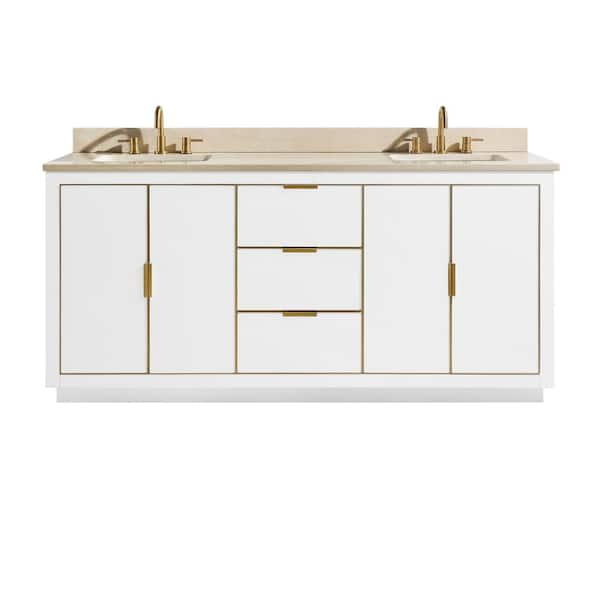 Avanity Austen 73 in. W x 22 in. D Bath Vanity in White with Gold Trim with Marble Vanity Top in Crema Marfil with White Basins