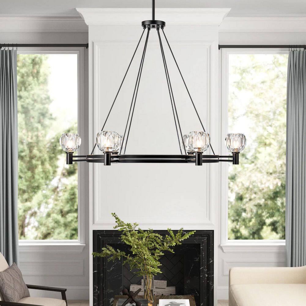 RRTYO Kendre 6-Light Mid-Century Modern Black Wheel Crystal Chandelier ...