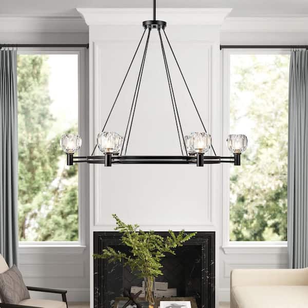 RRTYO Kendre 6-Light Mid-Century Modern Black Wheel Crystal Chandelier for Dining Room