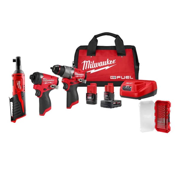 M12 FUEL 12V Hammer Drill/Impact Driver + M12 12V Cordless 3/8 in. Ratchet + 7-Pc Carbide Bit Combo Kit