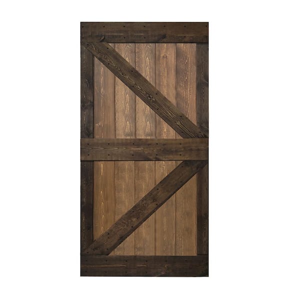 ISLIFE K Style 42 in. x 84 in. Dark Walnut/Kona Coffee Finished Solid Wood Sliding Barn Door Slab - Hardware Kit Not Included
