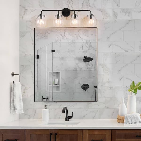 Painted Black Vanity Light 29 in. 4-Light Modern Black Bathroom Wall Sconce Classic Wall Light with Seedy Glass Globes