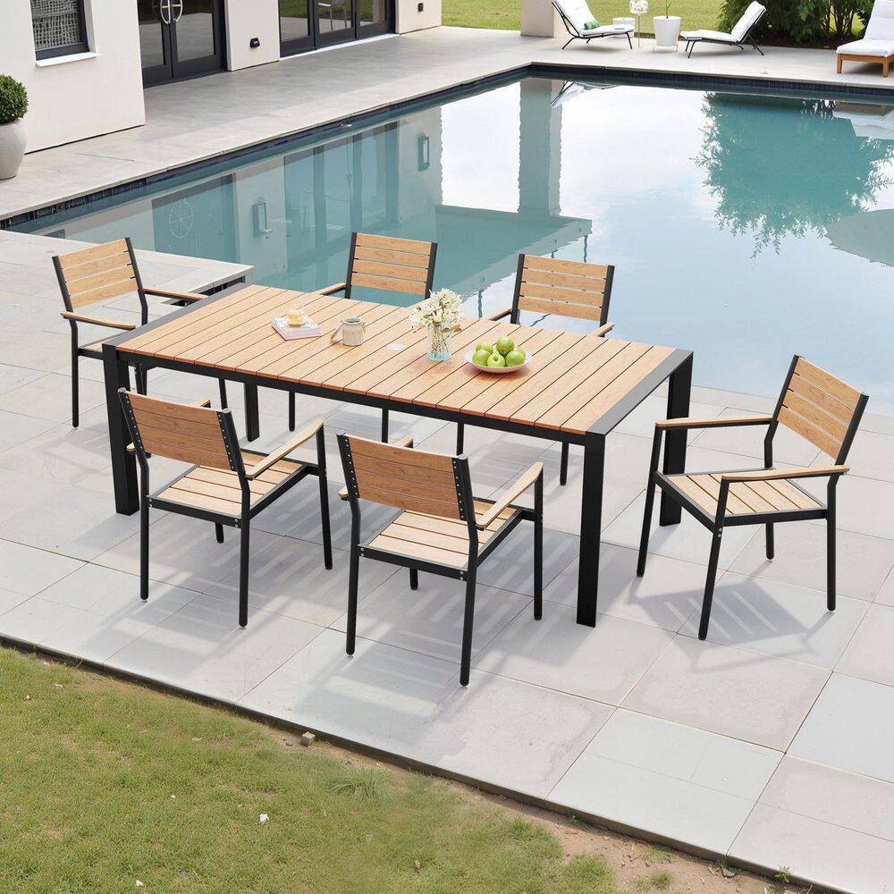 Brown 7-Piece Aluminum Rectangular 71.42 in. Table Outdoor Dining Set with Armchairs price history on PriceWatchPro