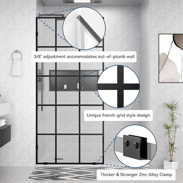 34 in. W x 78 in. H Frameless Fixed Single Panel Shower Door in Matte Black with Nano-Coated Clear Grid Glass