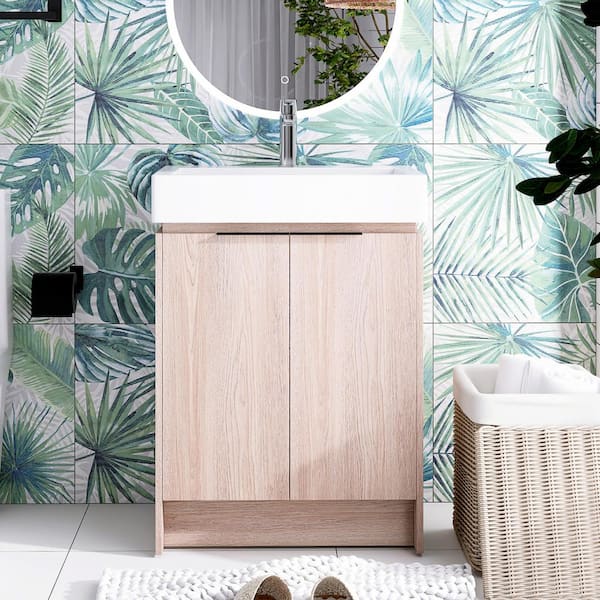 Unbranded 24 in. W x 18.5 in. D x 34 in. H Freestanding Bath Vanity in White Oak with White Ceramic Top
