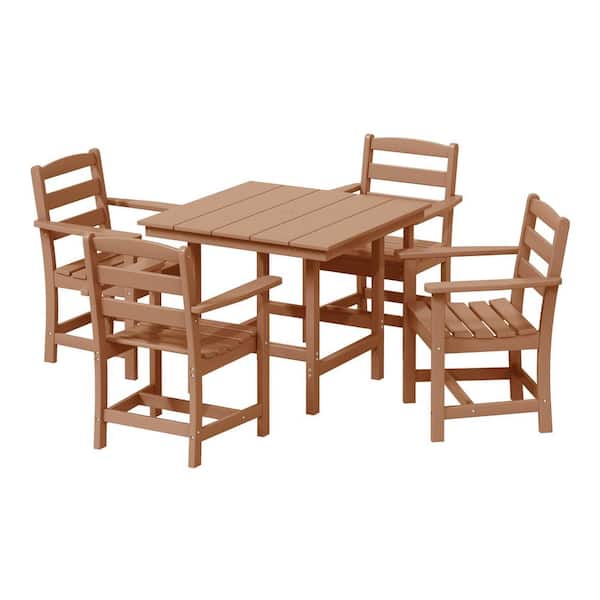 WESTIN OUTDOOR Shoreside 5-Piece All Weather HDPE Plastic Outdoor Patio Dining Set w/ Armchairs, Teak