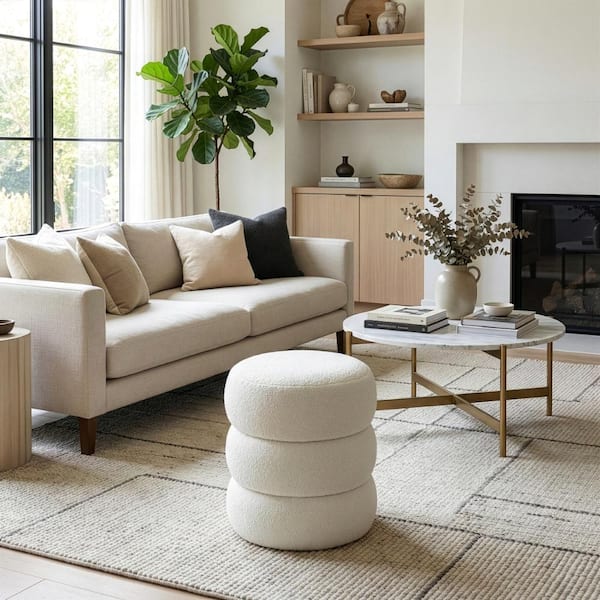 Glamour Home Azaria White Boucle Fabric Round Tufted Ottoman GHOTM
