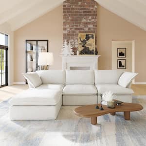 123 in. Square Arm 3-Piece Linen Modular Sectional Sofa in White with Ottoman