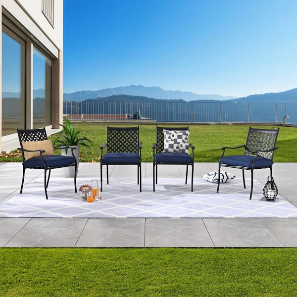TOP HOME SPACE 4-Piece Metal Outdoor Dining Chair with Blue Cushion