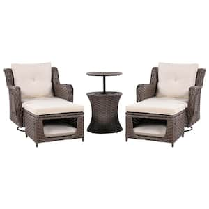 5-Pieces Wicker Patio Conversation Set, with Cool Bar and Retractable Side Tray, Swivel Rocking Chairs, Beige Cushions