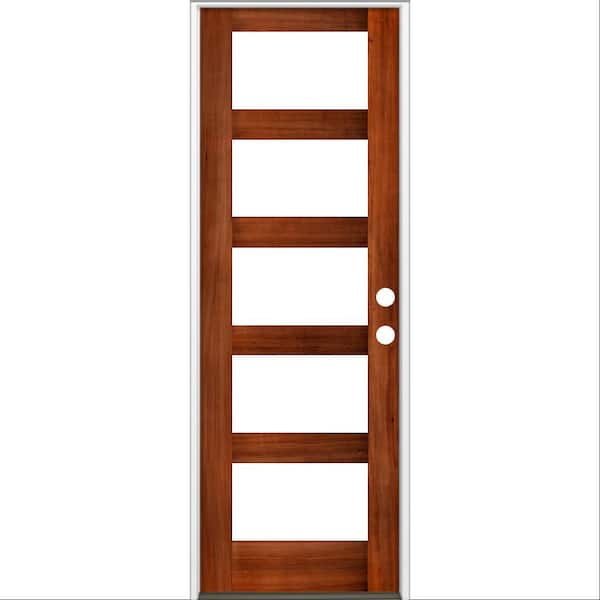 32 in. x 96 in. Modern Hemlock Left-Hand/Inswing 5-Lite Clear Glass Red Chestnut Stain Wood Prehung Front Door