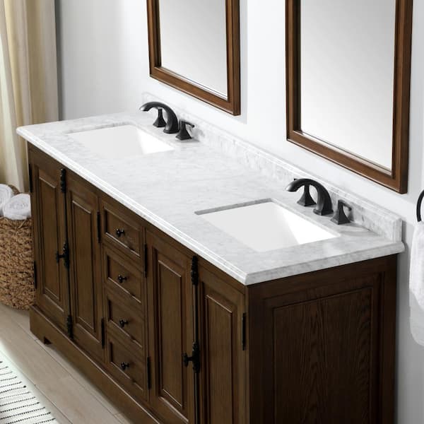 Clinton 72 in. W Double Vanity in Antique Coffee with Natural Marble Vanity Top in White with White Sink