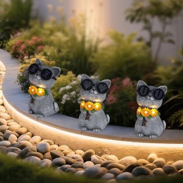 4 in. x 7 in. Gray Resin Solar Garden Statue Cat with Daisy and