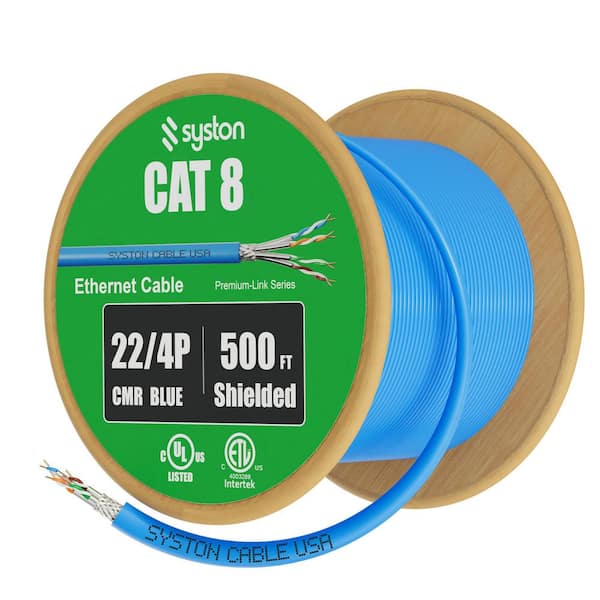 500 ft. Blue CAT8 CMR 22 AWG Ethernet Bulk Raw Cable - 2000MHz Solid Bare Copper Tinned Copper Braid Shielded Data wire