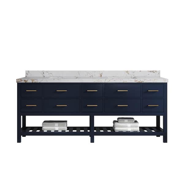 Willow Collections Parker 84 in. Double Sink Freestanding Navy Blue Bath Vanity with Regular Viola Gold Qt. Top Unassembled