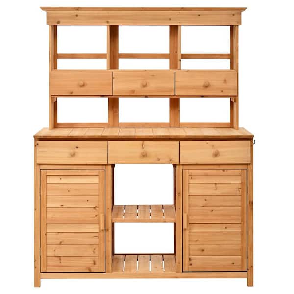 50 in. W x 65.7 in. H Garden Potting Bench Table with Hutch 3 Shelves, 6 Drawers, 2 Bottom Cabinets and Hooks in Natural