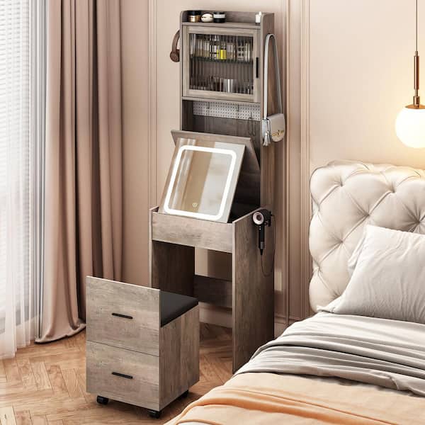 2-Piece Gray Makeup Vanity Set with Mirror