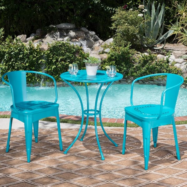 Unbranded 3-Piece Outdoor Metal Bistro Set for Patio Yard, Blue