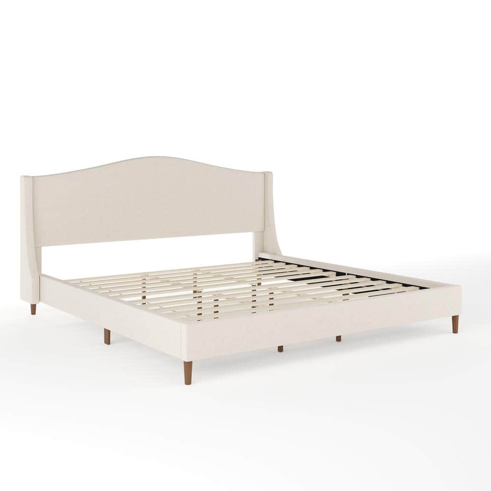 King Beige Linen Upholstered Platform Bed with Wood Frame