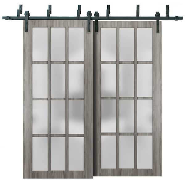 Sartodoors 48 in. x 80 in. Full Lite Frosted Glass Gray Ash Finished Solid Pine Wood Sliding Barn Door with Hardware Kit