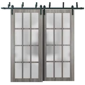60 in. x 84 in. 3/4 Lite Frosted Glass Gray Finished Solid Wood Sliding Barn Door with Hardware Kit