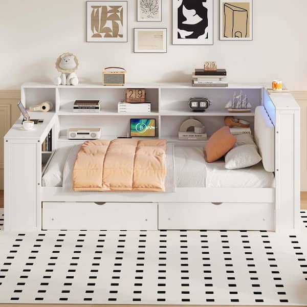 Beige/White Wood Frame Twin Platform Bed with Storage Shelves, Drawers, Charging Station, LED, Desk