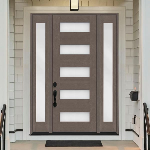 Regency 68 in. x 96 in. 5L Modern Frosted Glass RH Ashwood Stain Mahogany Fiberglass Prehung Front Door w/Dbl 14in.SL