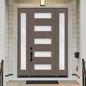 Regency 64 in. x 80 in. 5L Modern Clear Glass LHOS Ashwood Stain Mahogany Fiberglass Prehung Front Door w/Dbl 12 in. SL