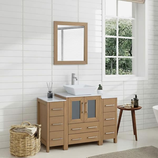 48 in. W Single Basin Natural Oak Bath Vanity with White Engineered Marble Top and Mirror