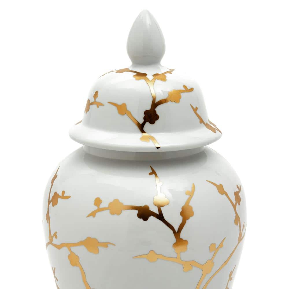 18" White and Gold Porcelain Temple Jar with Glossy Finish