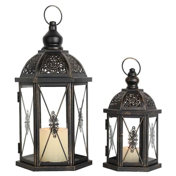 MOEPISY 15 in. and 10 in. H Metal Black Large Lantern Candle