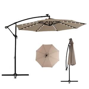 10 ft. Solar LED Patio Outdoor Umbrella Hanging Cantilever Umbrella with Adustmentable 40 Lights in Khaki
